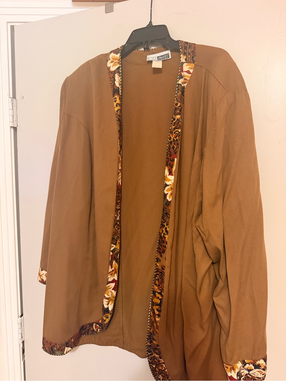 C.M. Shapes Elegant Brown Open-Front Jacket with Gold & Floral Trim